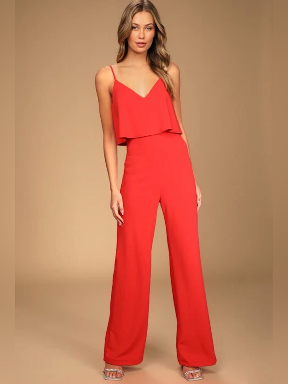 Lulus Size Small Make It a Date Coral Red Sleeveless Wide-Leg Jumpsuit